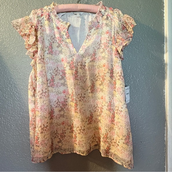 NWT Lucky Brand Floral V-Neck Short Sleeve Blouse Pink Cream Size Large - Picture 5 of 9